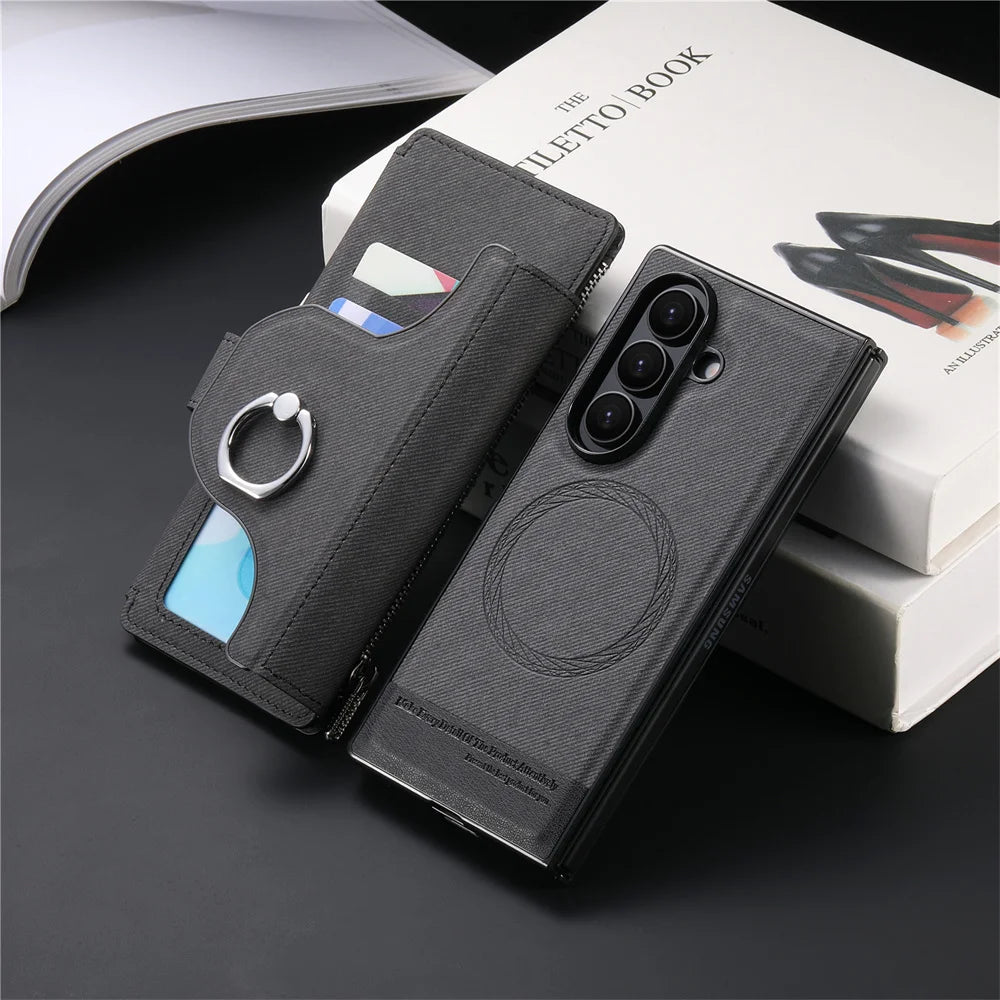 2 in 1 Detachable Magnetic Phone Case for Samsung Galaxy Z Fold 7 6 5 4 Fold7 Fold6 Ring Zipper Wallet Leather Protective Cover