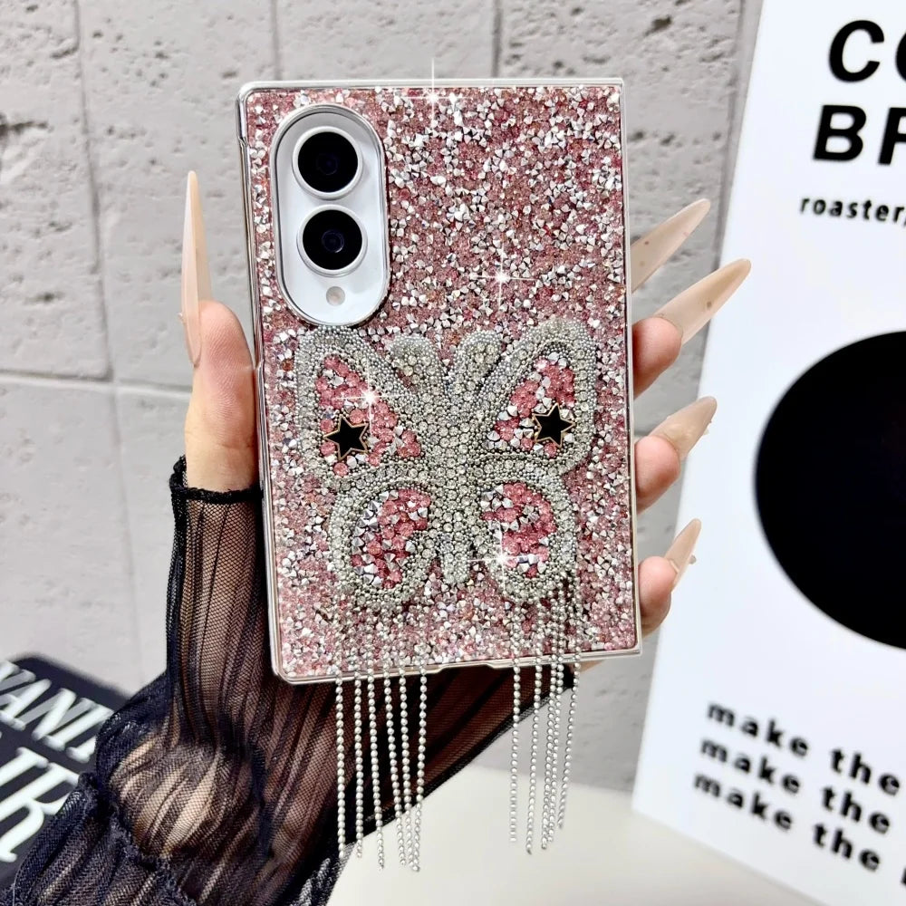 Electroplating Large Diamond Butterfly Tassel Phone Case for Samsung Z Fold 8 Ultra Z Fold 7 6 5 4 Z Flip 8 7 6 5 4 Wide Cover