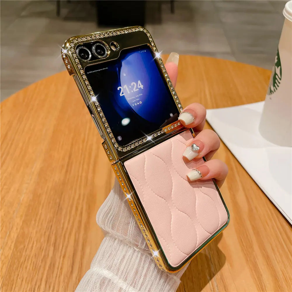 Luxury Bling Diamond Leather Plating Case For Samsung Galaxy Z Flip 6 Flip 5 Flip 3 4 Shockproof Cover Funda