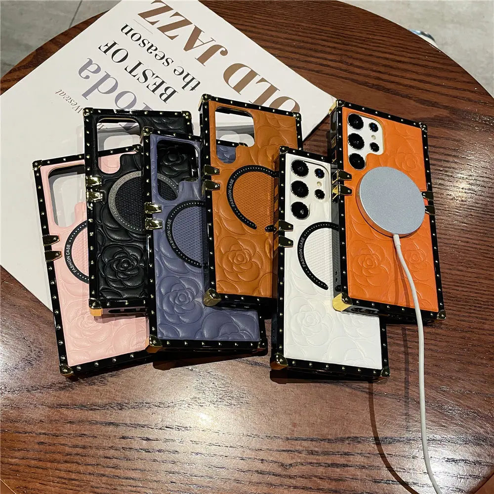 For Magsafe Wireless Charging 3D Flower Leather Case For Samsung Galaxy S26 S25 S24 Ultra S23 Plus S23FE S22 TPU Cover Shell
