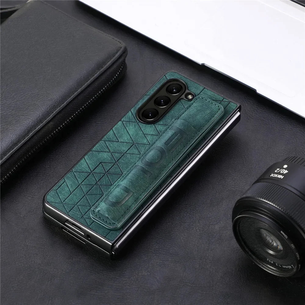 Wrist Strap PU Leather Cover for Samsung Galaxy Z Fold 6 5 4 3 5G Hard PC Phone Case with S Pen Holder & Finger Grip(no Pen)