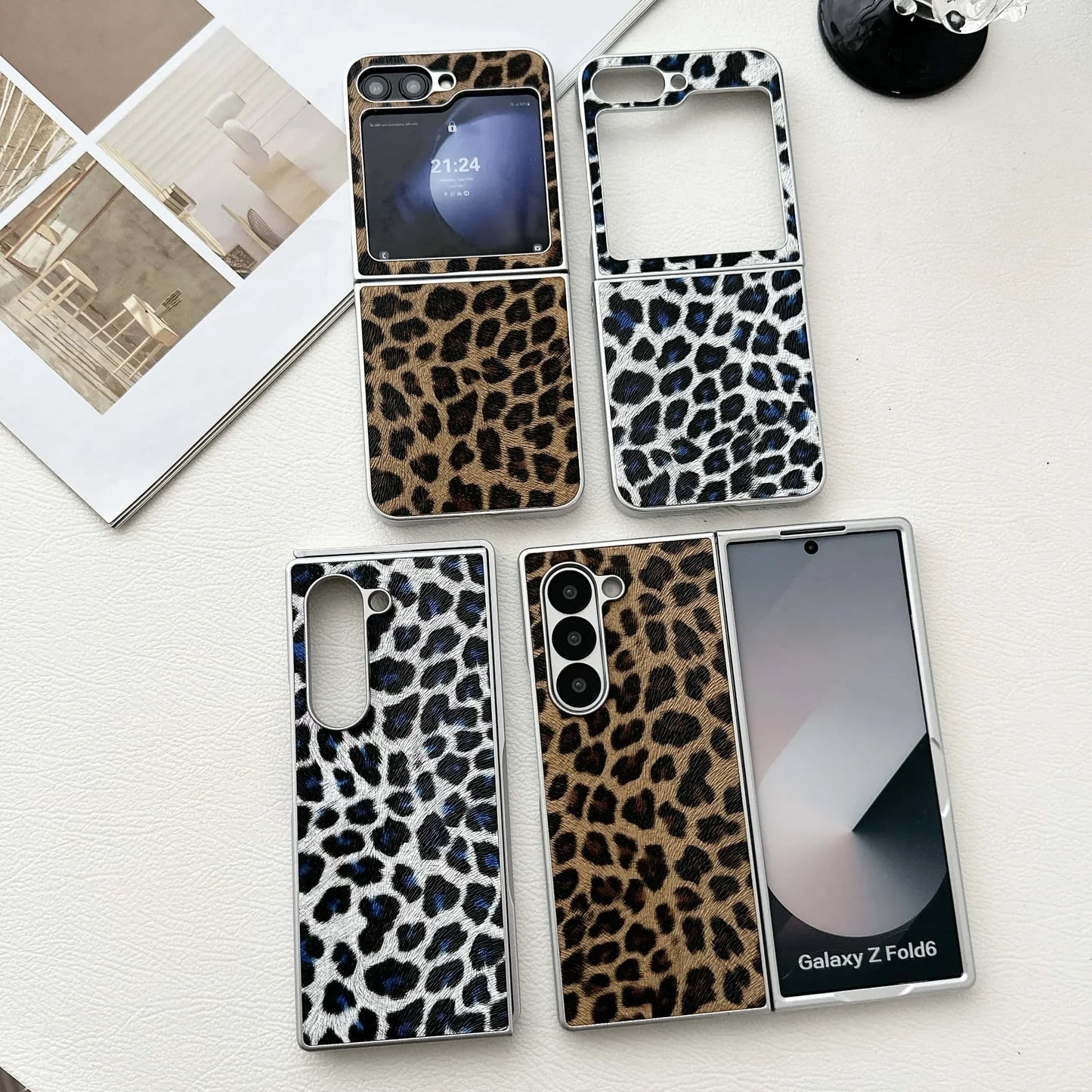 Luxury Phone Case for Samsung Galaxy Z Flip 7 6 5 4 3 PU Leather Protective Cover Silver Border Leopard Print For Women Girl