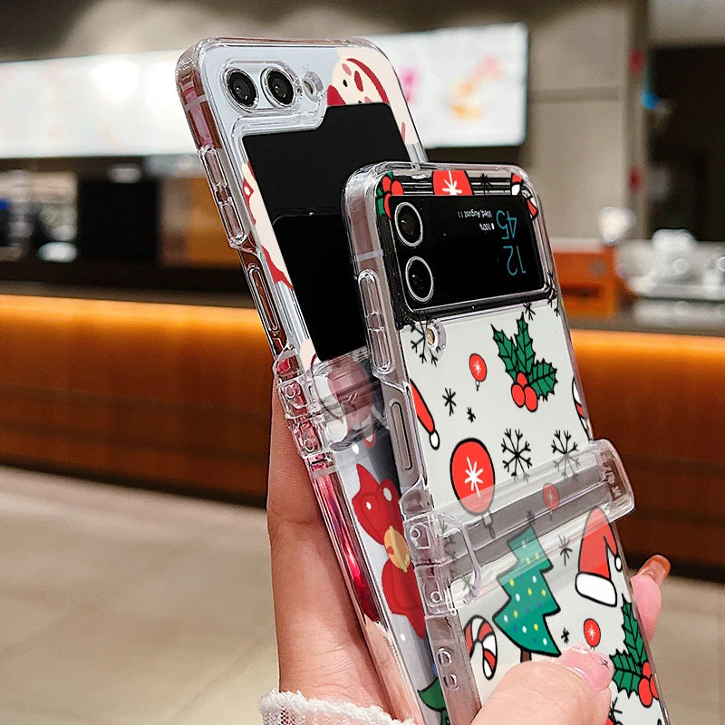 Christmas Print Transparent Phone Case For Samsung Galaxy Z Flip 7 FE 6 5 4 3 5G Folding Hard PC Cover For Samsung Z Flip7 Flip6