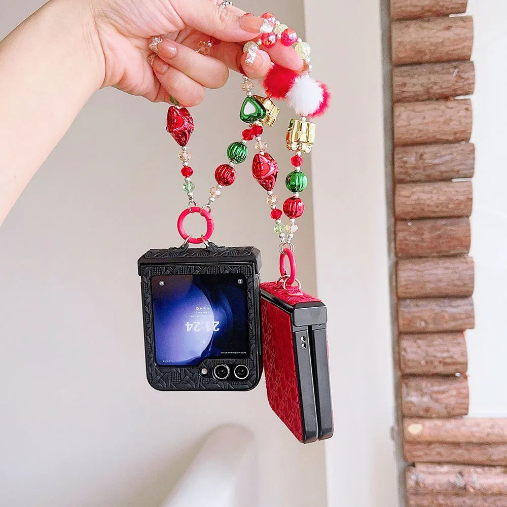 For Moto Motorola Razr 50 Ultra Cute Christmas Lucky Star Heart Fur Ball Pearl Wrist Chain Strap Phone Case Cover