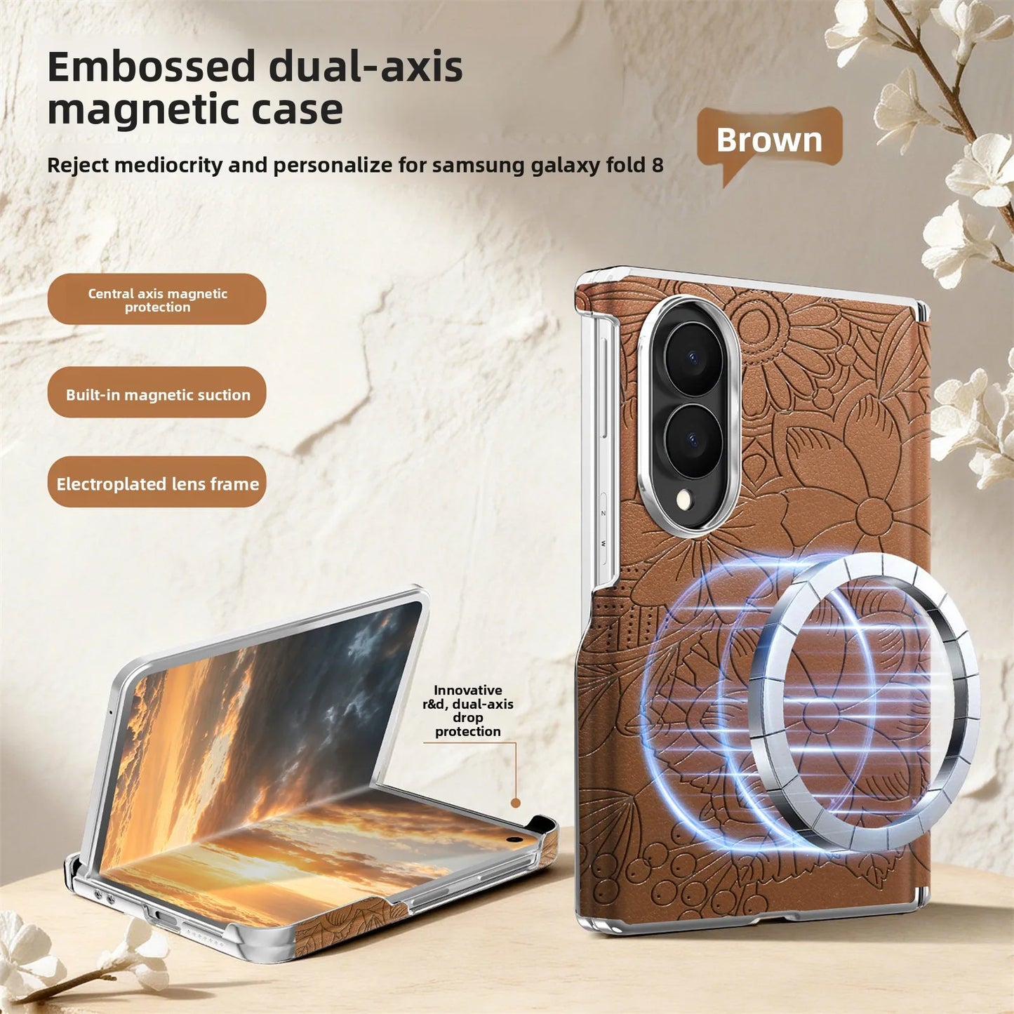 ‌Fashionable Magnetic Embossed Leather Case for Samsung Z Fold 8 Wide Shockproof for Magsafe Central Axis Protection‌ Slim Cover