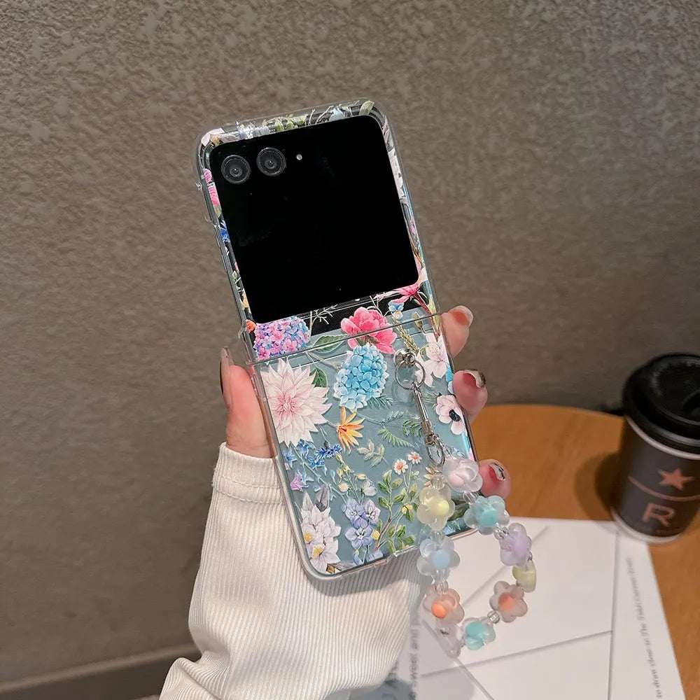 For Motorola Razr 40 50 60 Ultra Pro 60U Case Floral Transparent Folding with Bracelet Shockproof Hard PC Back Cover Accessories