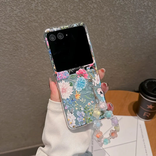 For Motorola Razr 40 50 60 Ultra Pro 60U Case Floral Transparent Folding with Bracelet Shockproof Hard PC Back Cover Accessories