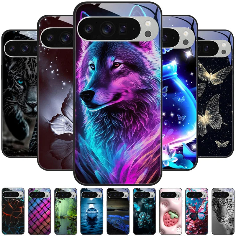 Fashion Glass Case For Google Pixel 9 Pro XL Tempered Glass  Black Phone Cover For Google Pixel 9a Pixel9 Funda Protector Cases