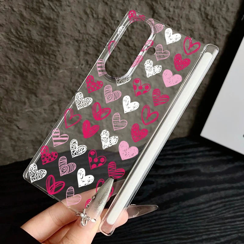 Magnetic Adsorption Clear Phone Case For Samsung Galaxy Z Fold 7 6 5 Fold7 Fold6 Fold5 5G Colorful Love Heart Pattern Hard Cover
