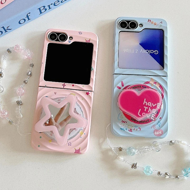 Korean Cute Star Wave Case For Samsung Galaxy Z Flip 5 6 5G Flip6 Flip5 2-piece set With Bracelet Love Heart Holder  Back Cover