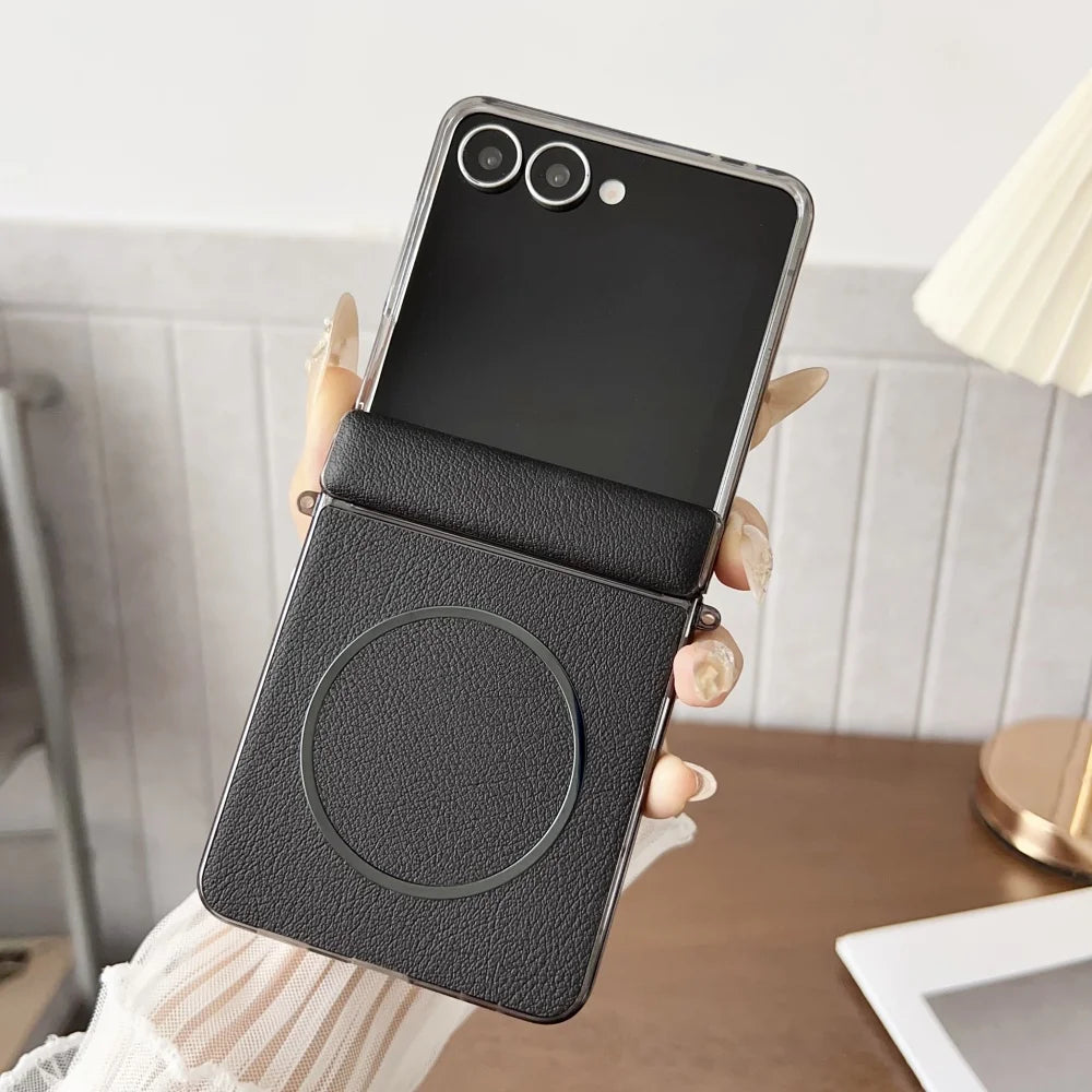 Luxury Plating for Magsafe Case for Samsung Galaxy Z Flip 7 Flip7 ZFlip7 PU Leather Magnetic 360 Hinge Protection Phone Cover