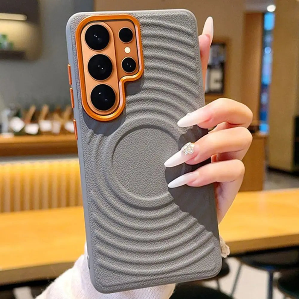 Luxury Water Ripple Leather Pattern for Magnetic Case for Samsung Galaxy S26 Ultra S25 Edge S24 Ultra Orange Lens Frame Cover