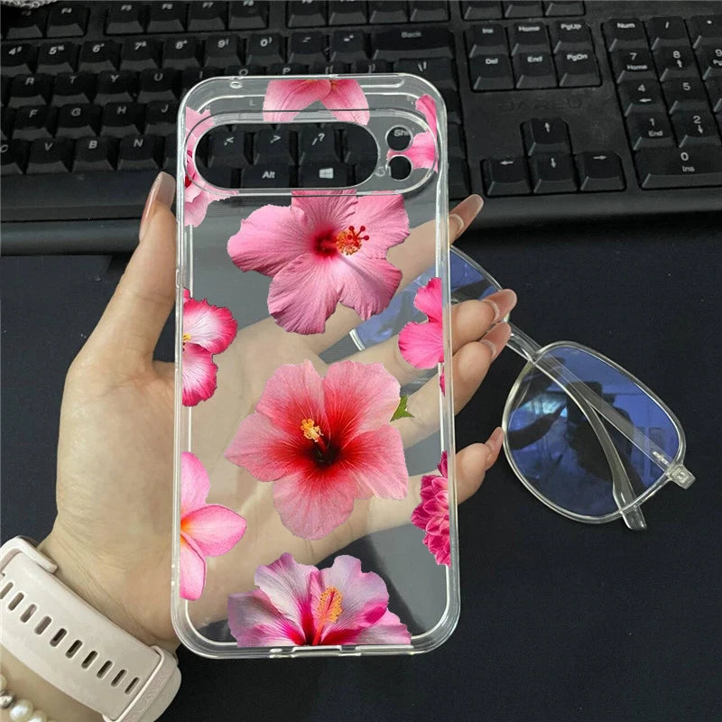 Elegant Pink Lily Pattern Phone Case For Google Pixel 8A 9 Pro XL 8 Pro 10 7 6A 5G Flower Hibiscue Transparent Soft TPU Cover