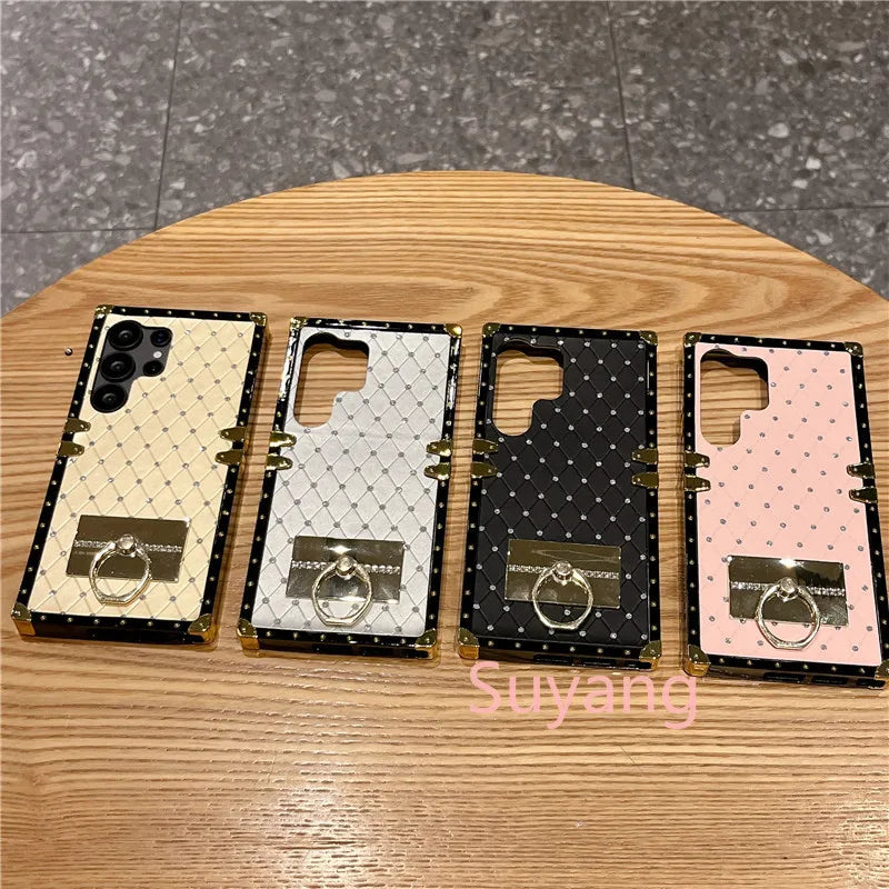 Luxury Diamond Bling Phone Ring Holder Case For Samsung Galaxy S26 S25 Ultra S24 S23 S22 S21 S20 FE S10 Plus Glitter Plaid Cover