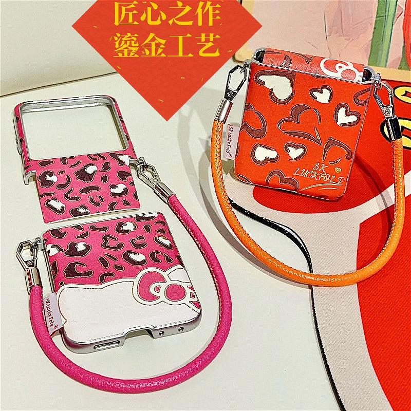 Luxury Leopard Print Bow Phone Case For Motorola Razr 60 50 Ultra 50Ultra Side Buckle with Lanyard Protection Shockproof Cover