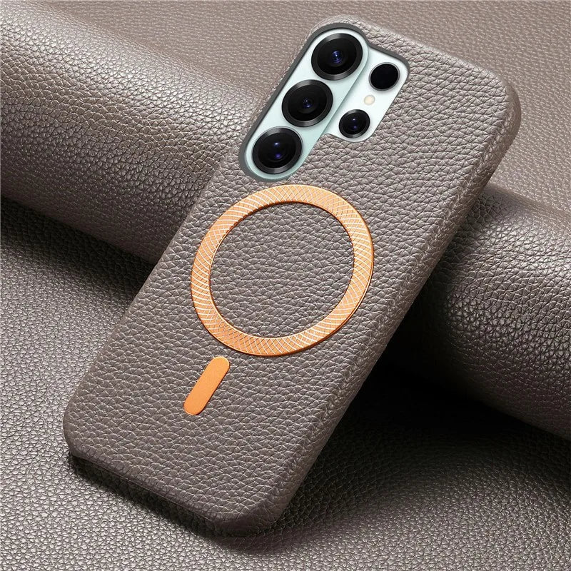 Luxury Leather Magnetic Attraction Case For Samsung Galaxy S25 S26 Ultra S21 S22 S23 S24 Plus Wireless Charging Anti-fall Cover