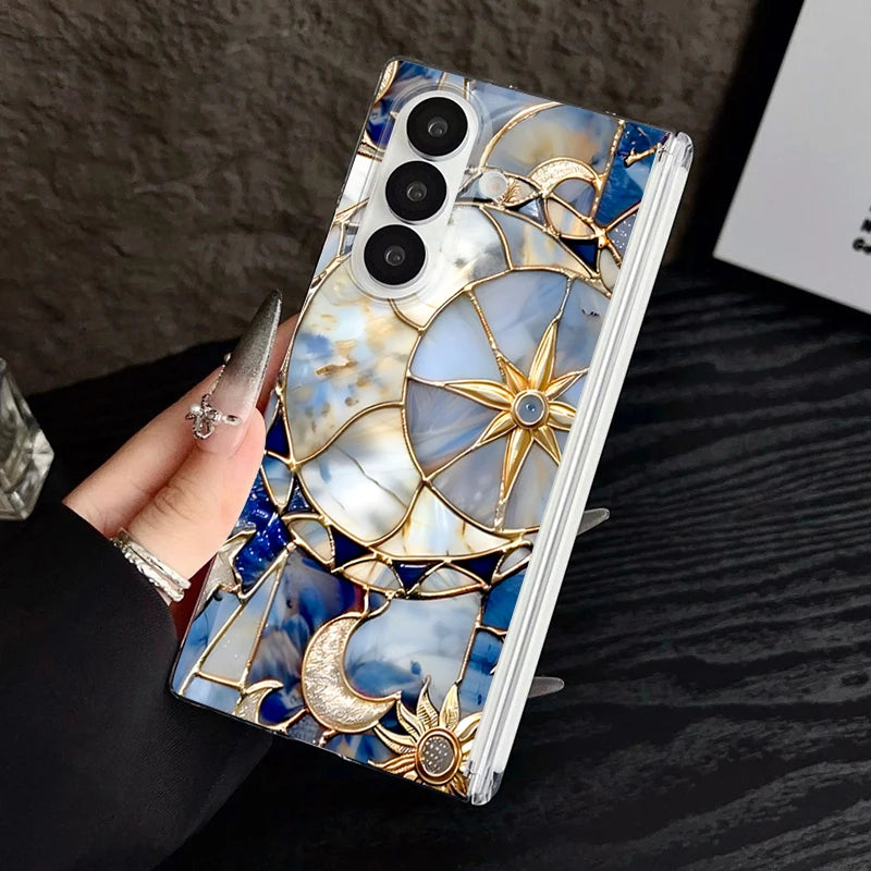 Clear Magnetic Auto Adsorption Phone Case For Samsung Galaxy Z Fold 7 6 Fold7 Fold6 Fold5 5G Vintage Moon Print Hard PC Cover