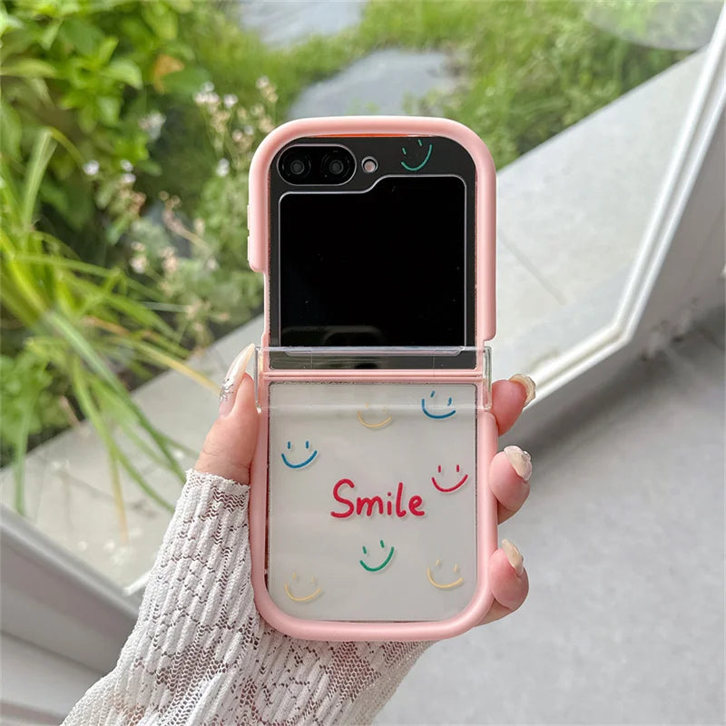Pink Floral Smile Clear Hinge Strap Furry Ball Phone Case For Samsung Galaxy Z Flip 8 7 6 5 4 3 Z Flip8 Cute Shockproof Cover Gi