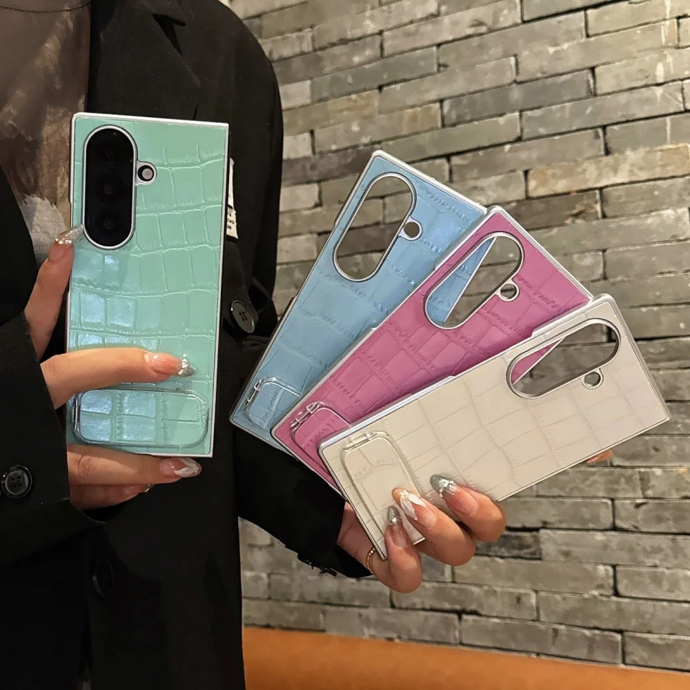 3D Crocodile Skin Pattern PU Phone Case For Samsung Galaxy Z Fold 7 6 5 4 3 Fold7 ins Y2K Invisible Makeup Mirror Bracket Cover