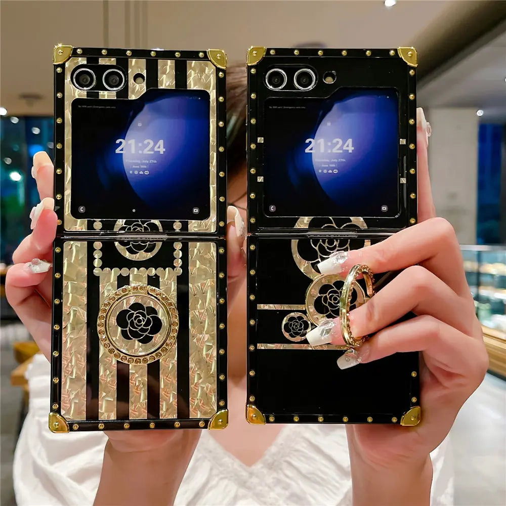 Luxury Gold Plating Flower Case For Samsung Galaxy Z Flip 6 Ring Holder Bracket Cover For Galaxy Z Flip 6