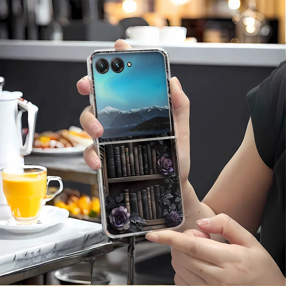 Vintage Magic Bookcase Painted Clear Hard Phone Case For Motorola Razr 60 50 40 Ultra Razr Plus 2025 2024 2023 Bumper Cover