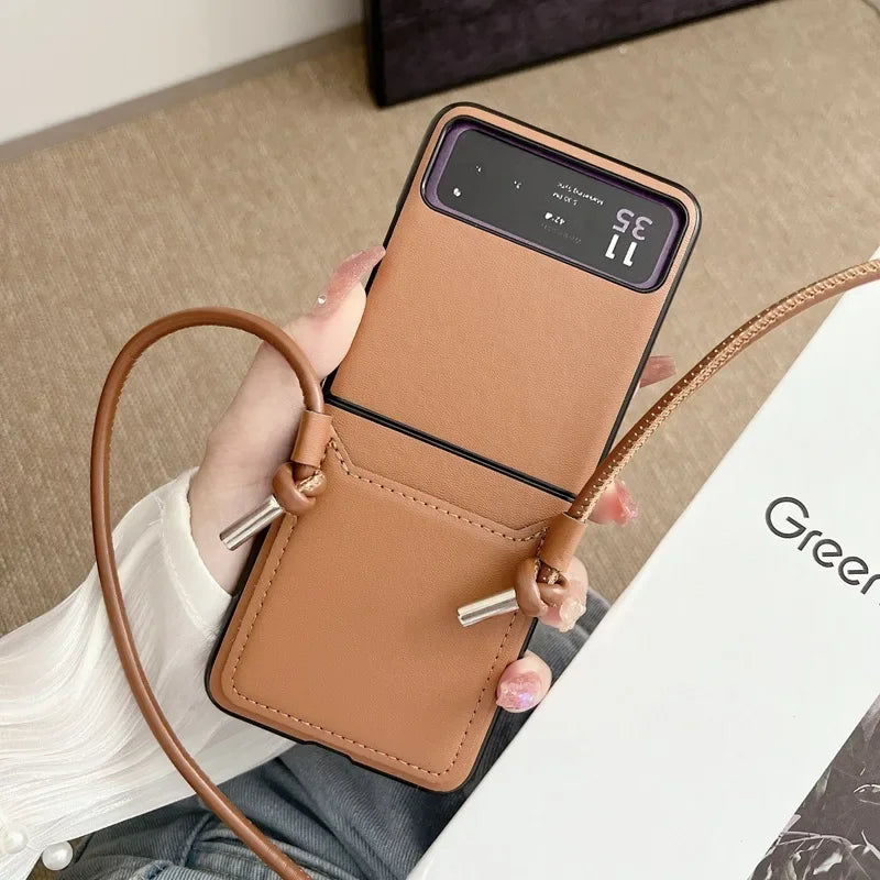 Luxury Simple Business Crossbody Lanyard Card Holder Phone Case For Motorola Razr 50 40 Moto Razr40 Razr50 2024 Leather Cover