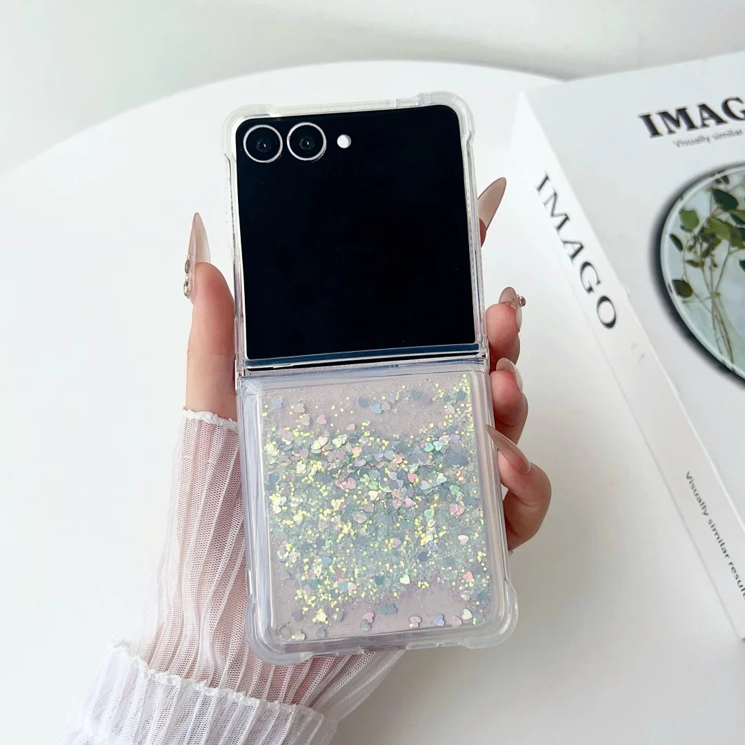 Glitter Quicksand Love Heart Case for Samsung Galaxy Z Flip 6 5 4 3 7 flip6 ZFlip 5 Colorful Bling Shockproof fold back Cover
