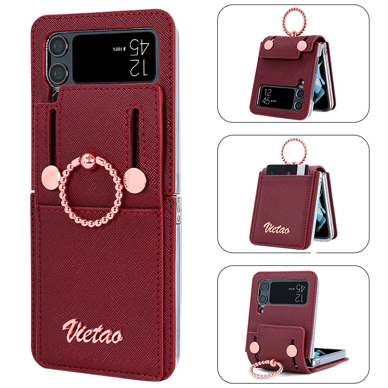 VIETAO Z Flip 3 Phone Case With Finger Ring Holder, PU Leather Cell Phone Cover For Galaxy Z Flip 3 With Card Slot, Rose Gold