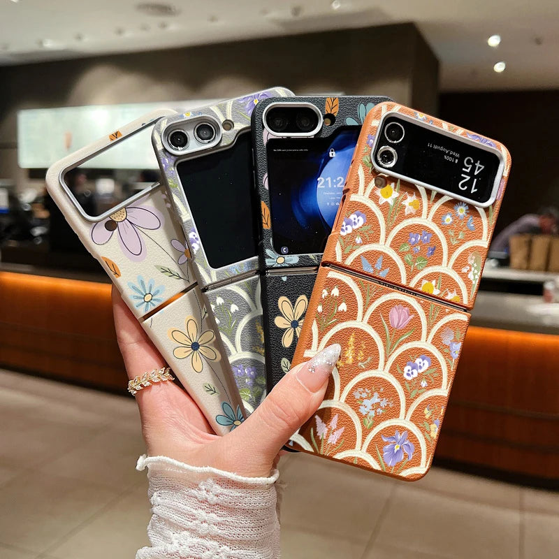 For Samsung Galaxy Z Flip 5 6 3 4 5G Cartoon Flowers Soft Case Leather Texture TPU Folding Phone Cover For Samsung Z Flip5 Flip4