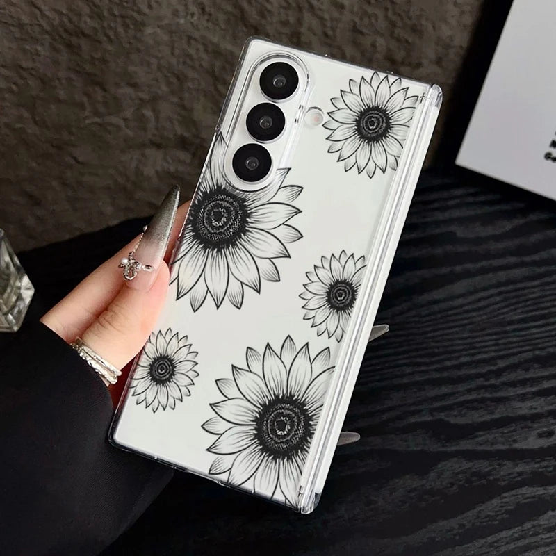 Magnetic Adsorption Clear Phone Case For Samsung Galaxy Z Fold 7 6 5 Fold7 Fold6 Fold5 5G Flowers Pattern Shockproof Hard Cover