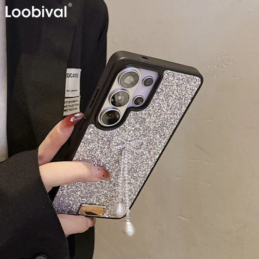 Diamond Bowknot Pearl Pendant Glitter Phone Case for Samsung Galaxy S26+ S23 S24 S25 S26 Ultra Plus TPU Bumper Shockproof Cover