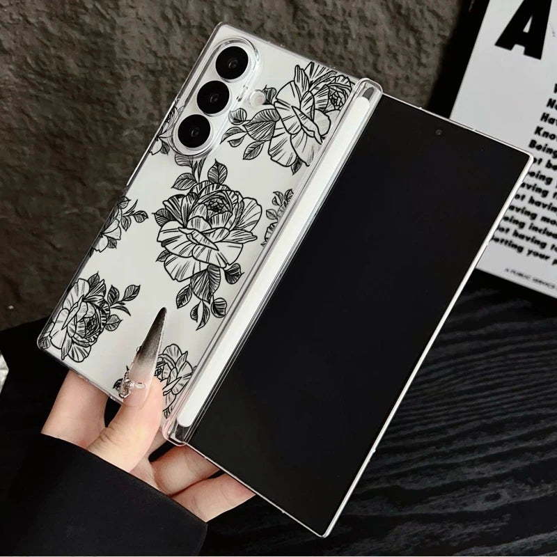 Magnetic Adsorption Clear Phone Case For Samsung Galaxy Z Fold 7 6 5 Fold7 Fold6 Fold5 5G Flowers Pattern Shockproof Hard Cover
