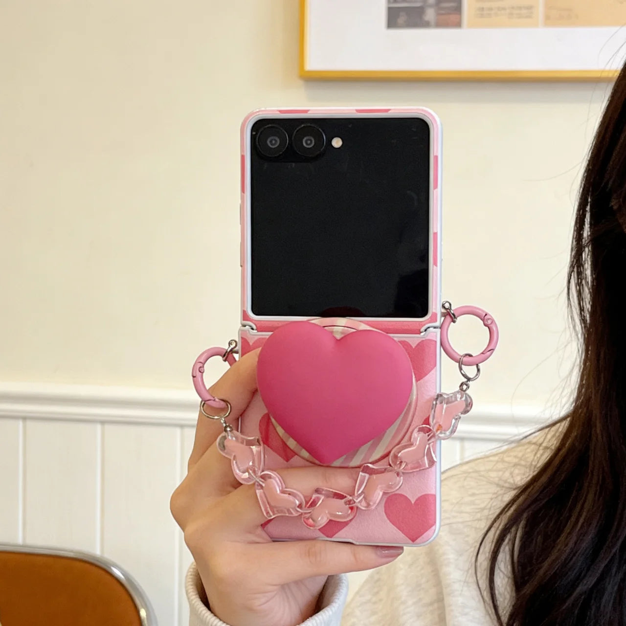 for Samsung Galaxy Z FLIP 7 FE 6 5 flip7 3in1 Rope Strap Magnetic Holder Fold Phone Case Cute Pink Love Heart Cover﻿﻿﻿﻿﻿