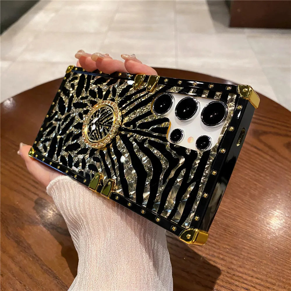 Feather Leopard Print Plating Flower Case For Samsung Galaxy S25 S23 S24 FE S22 S21 S20 A16 A26 A15 A25 A55 A54 Ring Cover