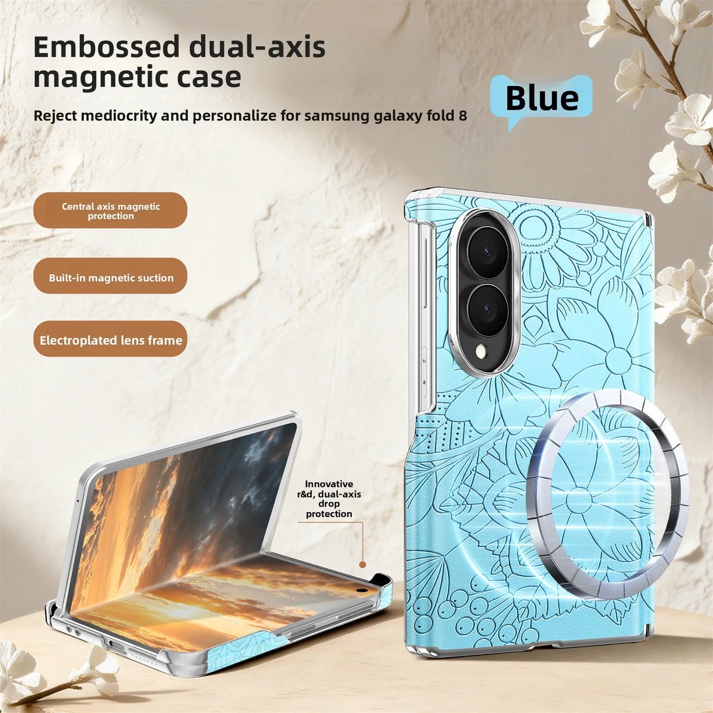 ‌Fashionable Magnetic Embossed Leather Case for Samsung Z Fold 8 Wide Shockproof for Magsafe Central Axis Protection‌ Slim Cover