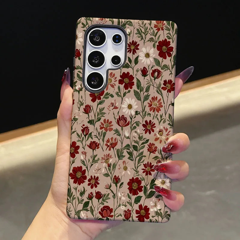 For Samsung S25 S24 S23 S22 S21 Plus Ultra S25 Edge S20 FE A56 A16 15 26 36 Vintage Flower 2 IN 1 Film shell Phone Case Cover
