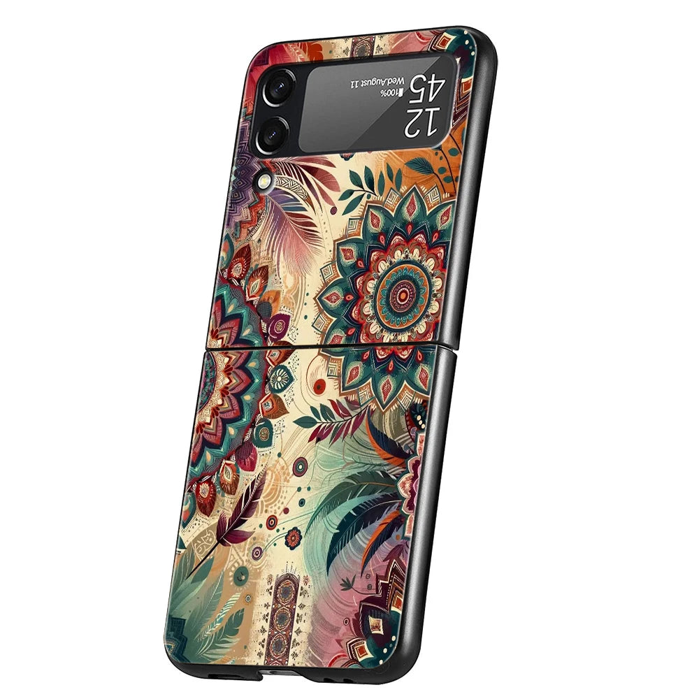 Indian Pattern Mandala Hard PC Phone Case For Samsung Galaxy Z Flip 7 6 5 4 Black Cover For Galaxy Z Flip 3 Foldable Capas Coque