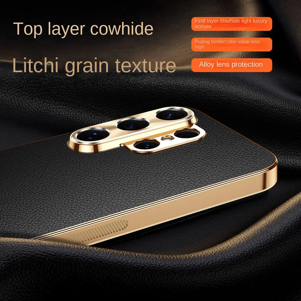 First Layer of Cowhide Lychee Texture Electroplated Frame Case For Samsung S26 Ultra S26 + Galaxy S25 Ultra S25 FE Edge Cover