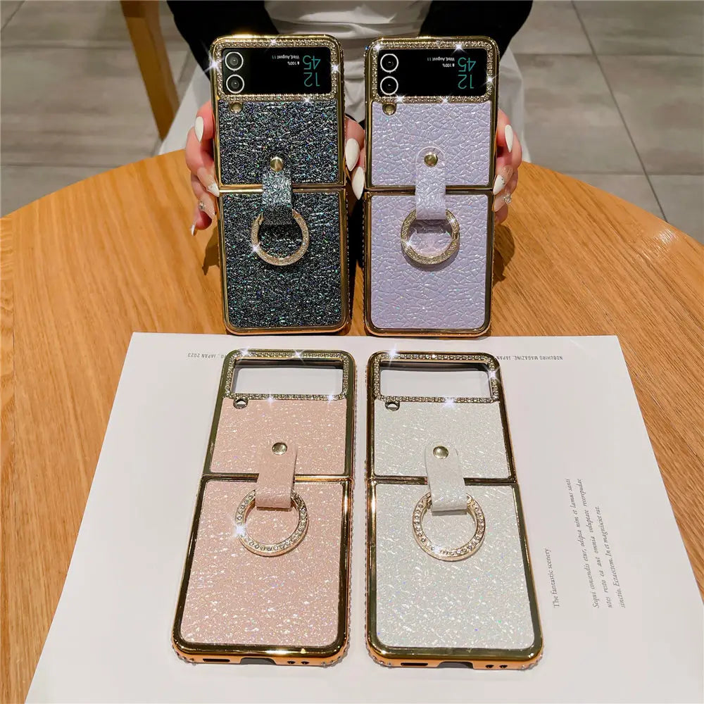 Ring Holder PU Leather Plating Case For Samsung Galaxy Z Flip 6 Flip 5 Flip 4 Zflip 3 Bling Diamond Shockproof Cover