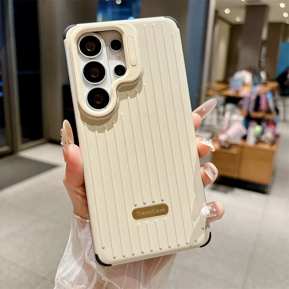 Lens Mount Luggage Armor Phone Case for Samsung S26 S25 S24 S23 Ultra Solid Color Striped Shockproof Bumper Protection Cover