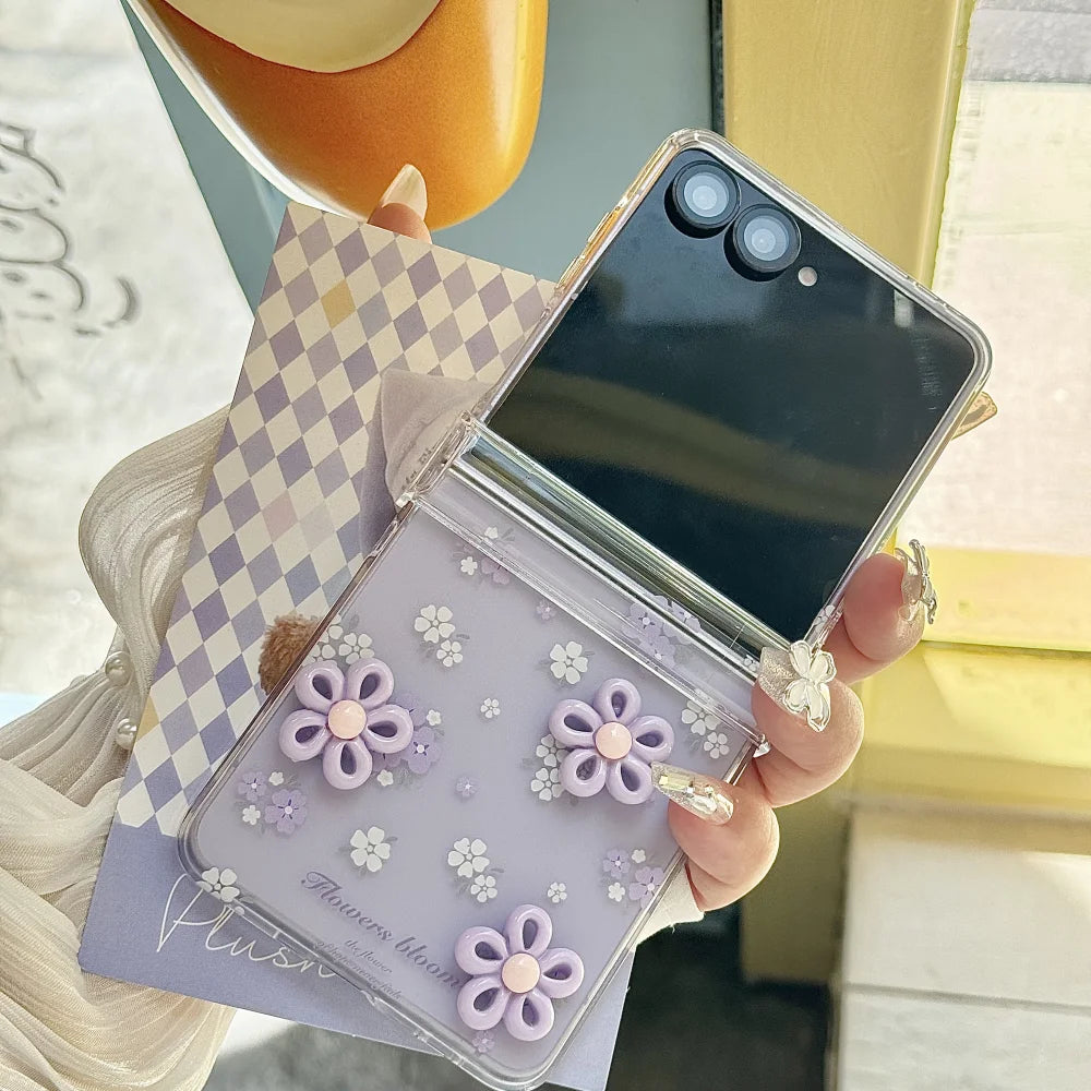 Hinge Protection 2in1 Lovely 3D Rotate Flower Phone Case For Samsung Galaxy Z Flip 7 6 5 4 3 7 FE Wrist Chain Shockproof Cover