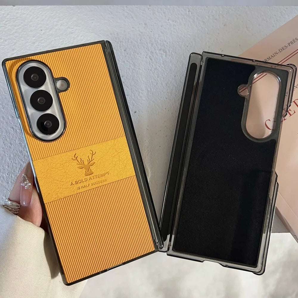 For Samsung Galaxy Z Fold 7 6 5 4 Case Magnetic Leather Deer Pattern Hinge Thin Shockproof PC Wireless Charge Cover For ZFold7