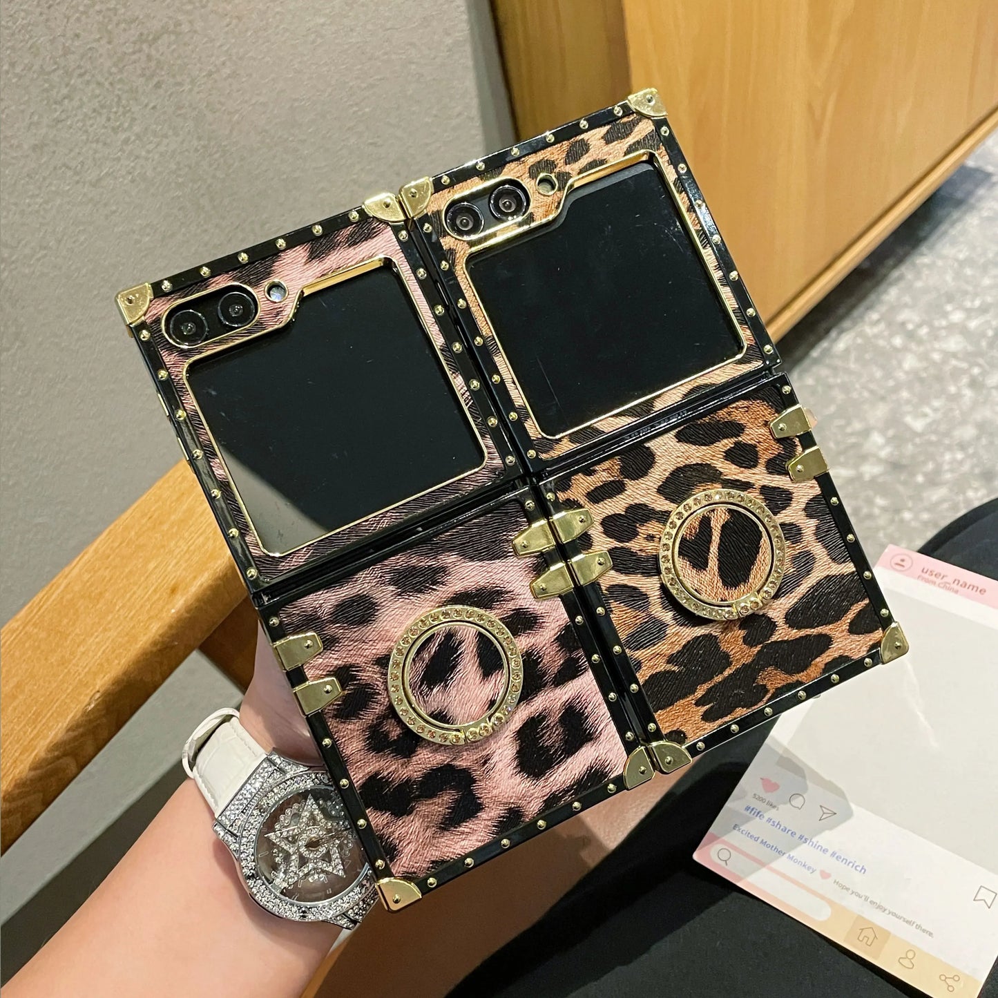 Leopard Pattern Leather Square Premium Gold Frame Soft Case For Samsung Galaxy Z Flip 7 6 5 4 3 5G Flip 7 Fe Cover With Bracket