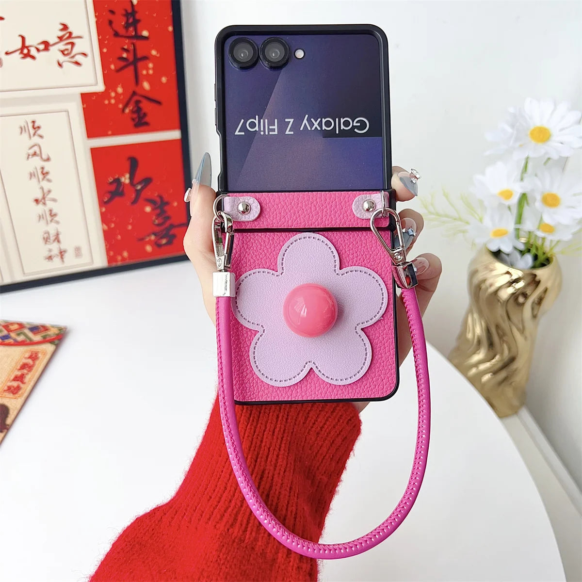 Leather Wristband Z Flip7 3D Flowers Phone Case for Samsung Galaxy Z Flip 7 6 5 4 3 5G Flip7FE Hinge Protective Shockproof Cover