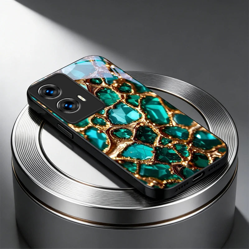 Luxury Green Gem Golden Black Glass Phone Case For Motorola Moto Edge 60 70 20 Lite 30 Pro 40 50 Ultra G45 G54 G55 G75 84 Cover