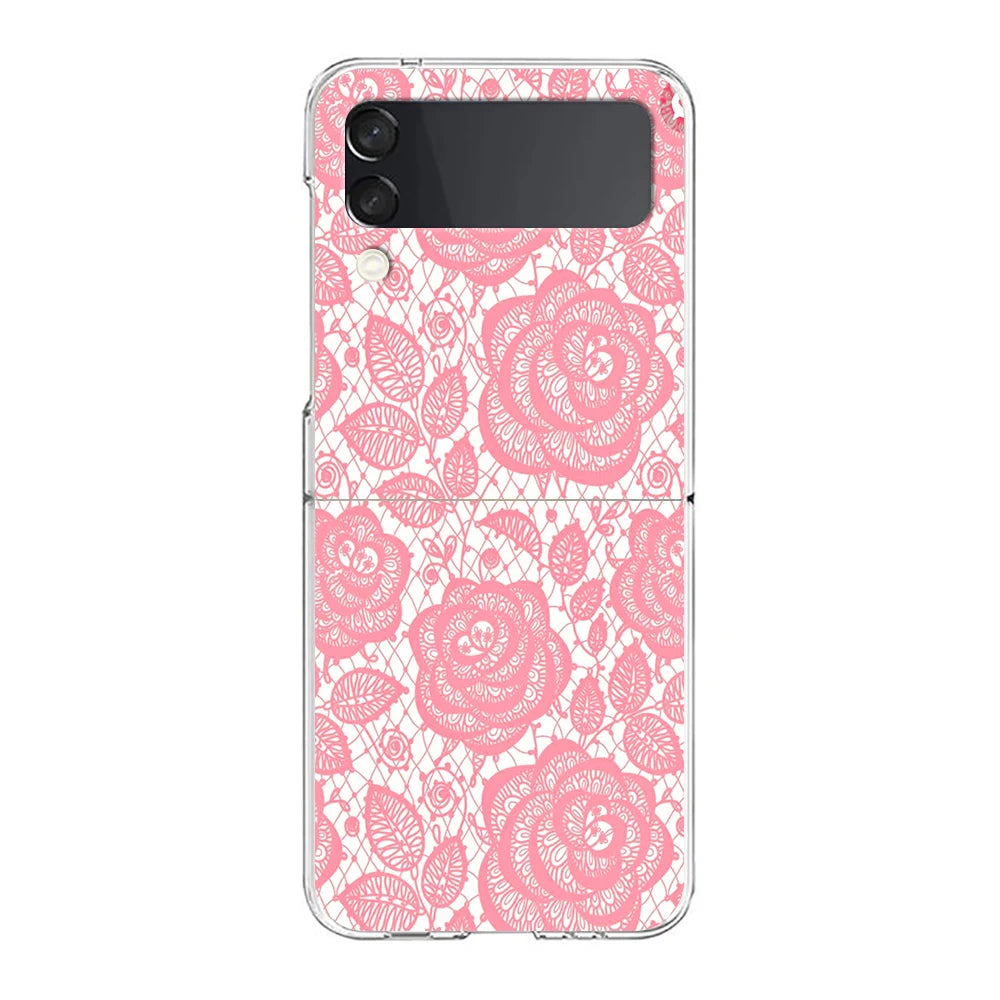 Transparent Phone Case For Samsung Galaxy Z Flip 3 4 5 6 7 Hard Folding PC Z Flip3 Flip4 Cover Lace Printed