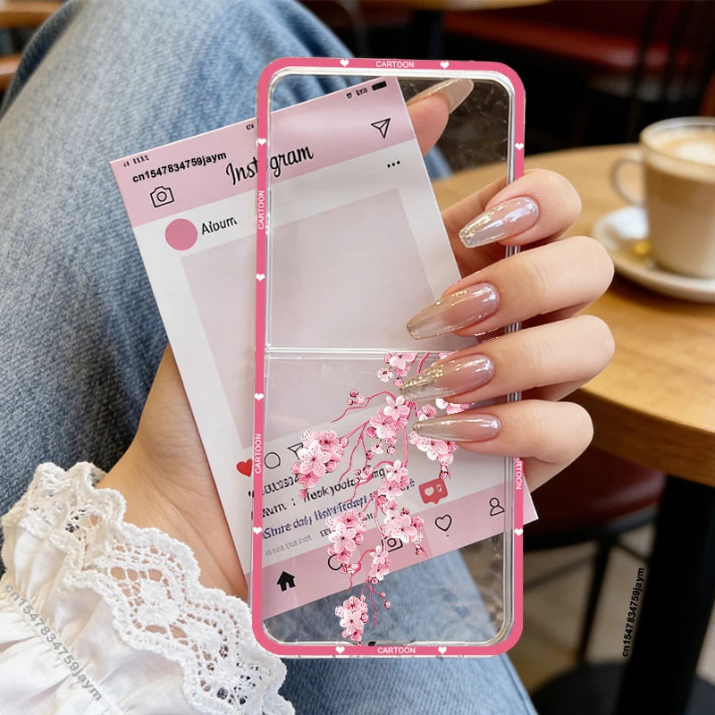 INS Korea Pink Peach Blossoms Phone Case For Samsung Z Flip 7 6 5 4 3 Z Flip7 Girls Flower Hard PC Back Cover Rose Pattern Shell