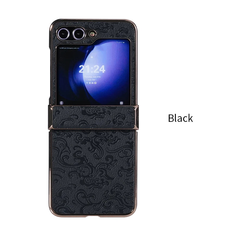 Luxury Dragon Pattern Leather Phone Case For Samsung Galaxy Z Flip 7 FE 6 5 4 3 Flip6 ZFlip7 3-Pieces-Set Plating PC Hinge Cover