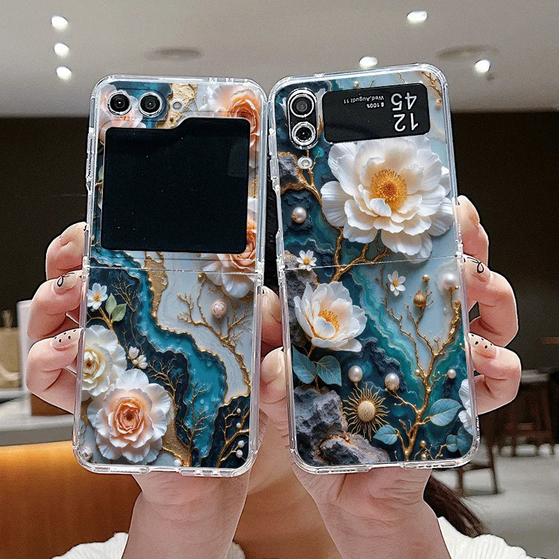 White Camellia Flower Marble Texture Phone Case for Samsung Galaxy Z Flip 7 Flip6 5 4 3 5G Folding Cover for Z Flip7 Flip5 Shell