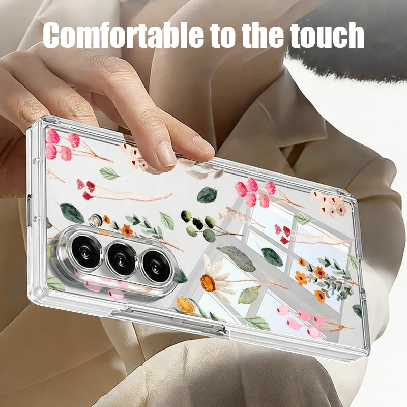 Magnetic Adsorption Clear Phone Case For Samsung Galaxy Z Fold 7 6 Fold7 Fold6 Fold5 5G Colorful Plant Printing Hard Back Cover